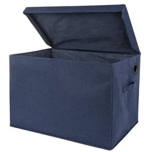 navy felt toy box; collapsible; two handles; hinged lid; 22 in x 14.5 in x 15 in