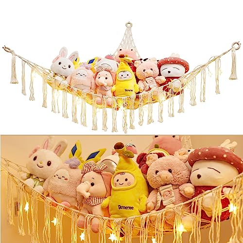 Roury Stuffed Animal Toy Hammock Macrame with Light, Corner Toy Corner Hammock Organizer Display Holder Net for Hanging Stuff Animals