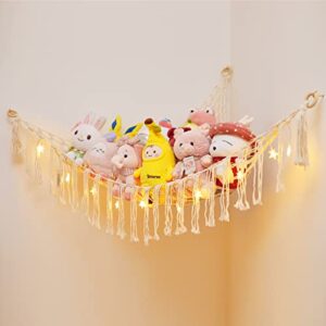 Roury Stuffed Animal Toy Hammock Macrame with Light, Corner Toy Corner Hammock Organizer Display Holder Net for Hanging Stuff Animals