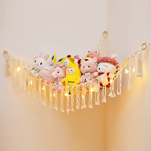 Roury Stuffed Animal Toy Hammock Macrame with Light, Corner Toy Corner Hammock Organizer Display Holder Net for Hanging Stuff Animals