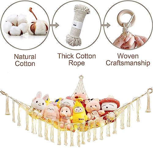 Roury Stuffed Animal Toy Hammock Macrame with Light, Corner Toy Corner Hammock Organizer Display Holder Net for Hanging Stuff Animals