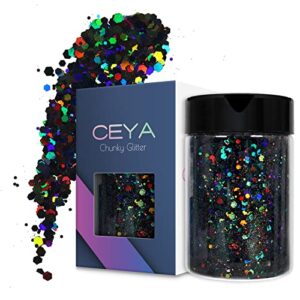 ceya holographic chunky glitter, 4.2oz/ 120g black craft glitter powder mixed chunky fine flakes iridescent nail sequins for nail art, hair, epoxy resin, tumblers, slime, painting, festival decor