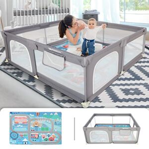 baby playpen with mat, large playpen for babies and toddlers, 71"l x 59"w x 25.5"d baby fence play area with playmat, 360° visible playard for baby, indoor extra large baby playpen for infants age 1-3