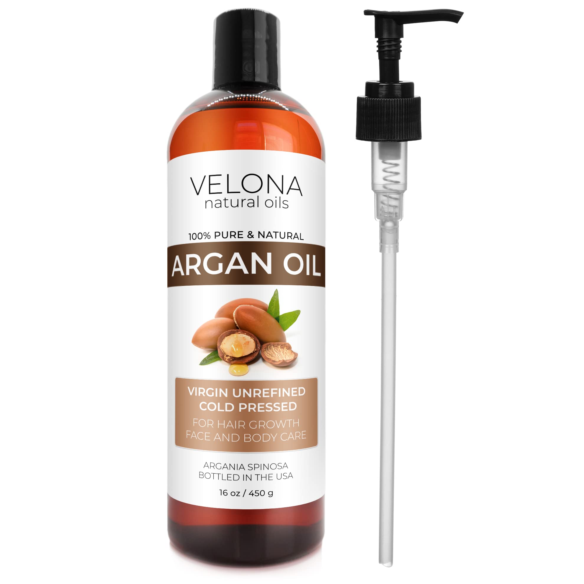 velona Argan Oil - 16 oz | Morocco Oil | Stimulate Hair Growth, Skin, Body and Face Care | Nails Protector | Unrefined, Cold Pressed | Cap Kit