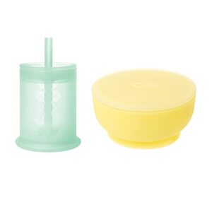 olababy 100% silicone training cup with lid + straw(mint) and suction bowl (lemon) bundle
