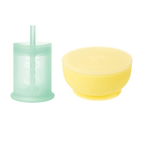 Olababy 100% Silicone Training Cup with Lid + Straw(Mint) and Suction Bowl (Lemon) Bundle