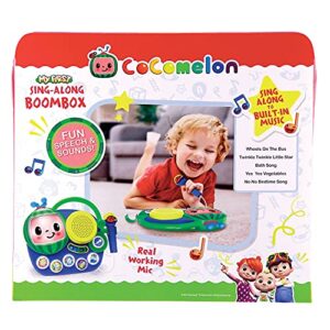 eKids Auxiliary Cocomelon Toy Singalong Boombox with Microphone for Toddlers, Built-in Music and Flashing Lights, Fans of Cocomelon Gifts