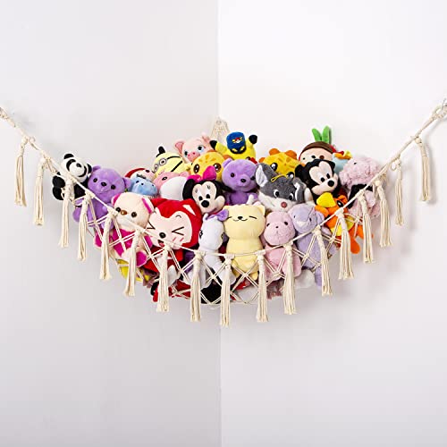 YKBU Toy Hammock for Stuffed Animals Corner Hanging Net Macrame Organizer Pet for Storage Display Plush Holder Boho Decor for Nursery Playroom Bedroom Kids Room