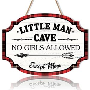 lhiuem little man cave wooden hanging wall sign,red & black buffalo plaid woodland door sign decor wood plaque,boy nursery wall decor for toddlers kids baby bedroom (8”x11”)