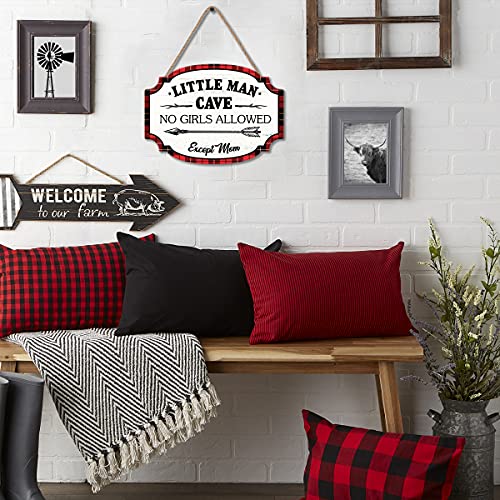 LHIUEM Little Man Cave Wooden Hanging Wall Sign,Red & Black Buffalo Plaid Woodland Door Sign Decor Wood Plaque,Boy Nursery Wall Decor For Toddlers Kids Baby Bedroom (8”X11”)