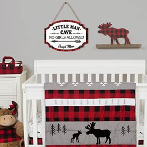 LHIUEM Little Man Cave Wooden Hanging Wall Sign,Red & Black Buffalo Plaid Woodland Door Sign Decor Wood Plaque,Boy Nursery Wall Decor For Toddlers Kids Baby Bedroom (8”X11”)