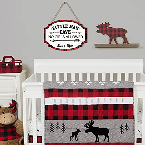 LHIUEM Little Man Cave Wooden Hanging Wall Sign,Red & Black Buffalo Plaid Woodland Door Sign Decor Wood Plaque,Boy Nursery Wall Decor For Toddlers Kids Baby Bedroom (8”X11”)