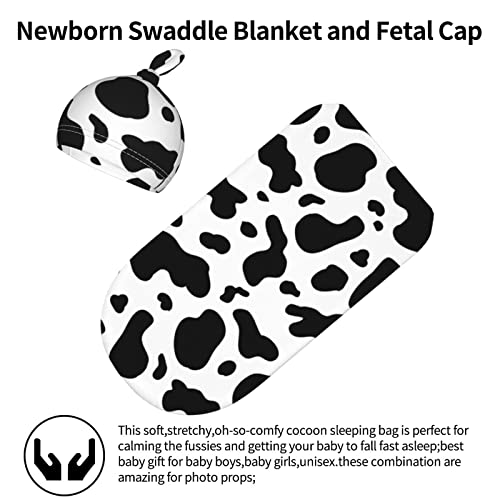 Cow Print Baby Stuff Swaddle Blankets Beanie Hat Sets Soft and Stretchy Newborn Receiving Blanket Swaddle Sack for Baby Shower Infant Boy and Girl Gift