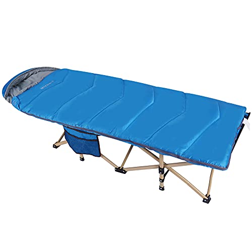 REDCAMP Extra Long Kids Cot with Thick Sleeping Bag for Sleeping 5-10, Sturdy Portable Folding Toddler Cot Bed for Boys Girls Camping Travel, Blue 53x26