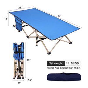 REDCAMP Extra Long Kids Cot with Thick Sleeping Bag for Sleeping 5-10, Sturdy Portable Folding Toddler Cot Bed for Boys Girls Camping Travel, Blue 53x26
