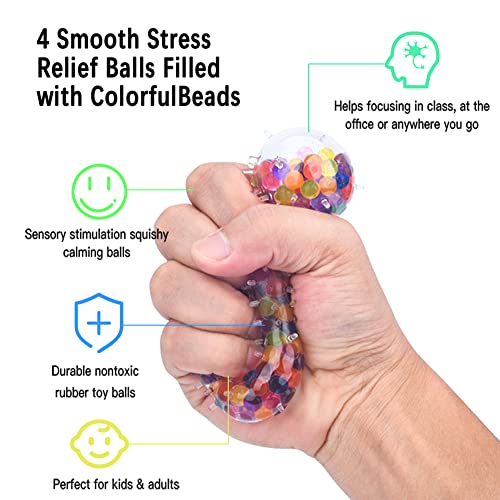 ALMAH Stress Balls for Adults and Kids (4 Pack), Squishy Balls with Water Bead, Squeeze Ball to Relax, Focus, Decompress, Anxiety Relief, for Autism ADHD and More