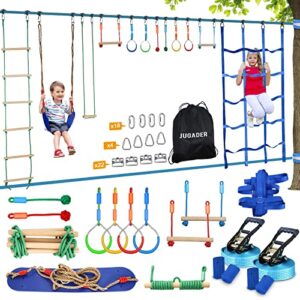 jugader 2x52ft ninja warrior obstacle course for kids with 12 accessories, swing, monkey bars, climbing net, gymnastic rings, rope ladder and knots for backyard