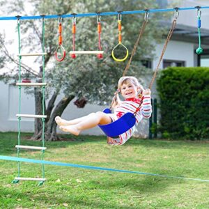 Jugader 2x52ft Ninja Warrior Obstacle Course for Kids with 12 Accessories, Swing, Monkey Bars, Climbing Net, Gymnastic Rings, Rope Ladder and Knots for Backyard