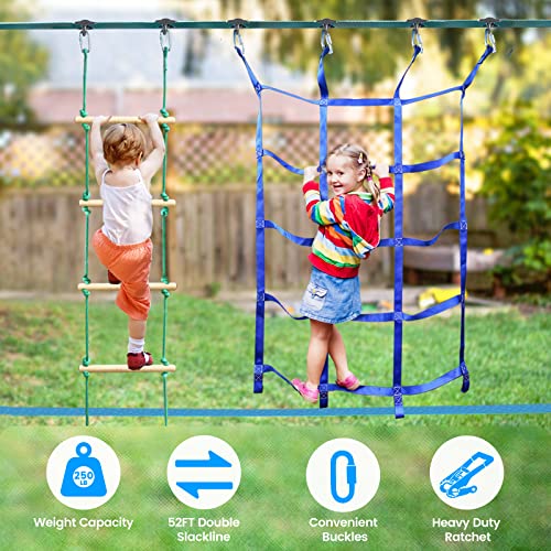 Jugader 2x52ft Ninja Warrior Obstacle Course for Kids with 12 Accessories, Swing, Monkey Bars, Climbing Net, Gymnastic Rings, Rope Ladder and Knots for Backyard