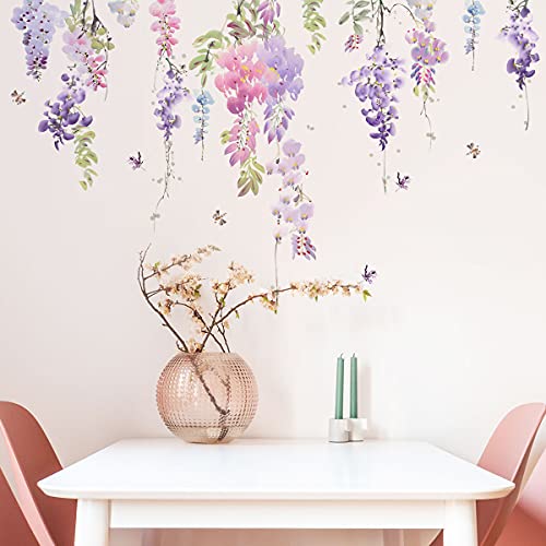 Runtoo Flower Wall Decals Purple Hanging Vines Floral Wall Stickers for Girls Bedroom Nursery Living Room Wall Decor