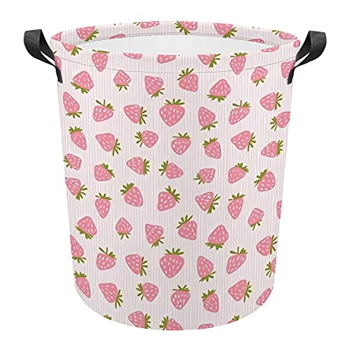 Strawberries Pink Stripes Laundry Storage Basket Waterproof Foldable Laundry Hamper with Handles for Baby Nursery College Dorms Kids Bedroom