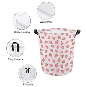 Strawberries Pink Stripes Laundry Storage Basket Waterproof Foldable Laundry Hamper with Handles for Baby Nursery College Dorms Kids Bedroom