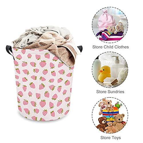 Strawberries Pink Stripes Laundry Storage Basket Waterproof Foldable Laundry Hamper with Handles for Baby Nursery College Dorms Kids Bedroom