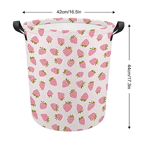 Strawberries Pink Stripes Laundry Storage Basket Waterproof Foldable Laundry Hamper with Handles for Baby Nursery College Dorms Kids Bedroom