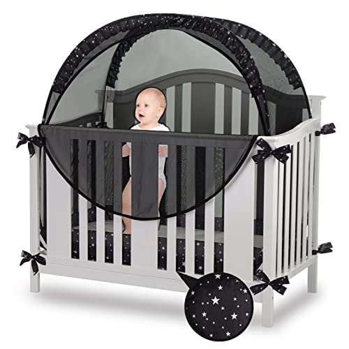 ZXPLO Safety Crib Tent to Keep Baby in Pop up Mosquito Net Netting Canopy Mesh Cover for Toddler - Black