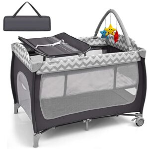 baby joy 4 in 1 pack and play, portable baby playard with bassinet, side zipper door, changing table, indoor outdoor travel nursery center w/toy bar, lockable wheels, carry bag grey