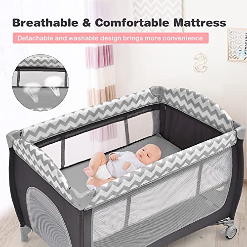 BABY JOY 4 in 1 Pack and Play, Portable Baby Playard with Bassinet, Side Zipper Door, Changing Table, Indoor Outdoor Travel Nursery Center w/Toy Bar, Lockable Wheels, Carry Bag Grey