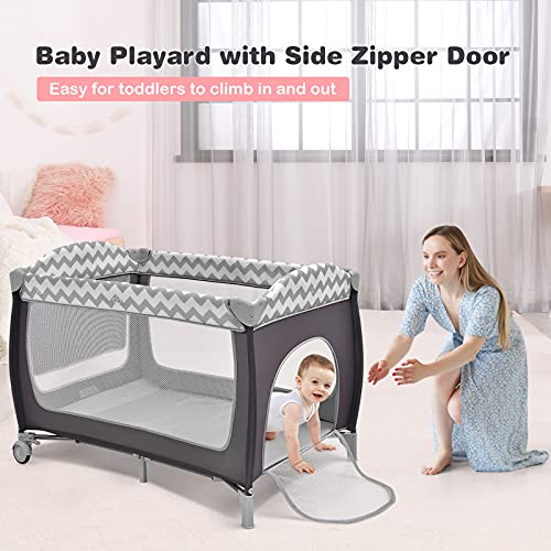 BABY JOY 4 in 1 Pack and Play, Portable Baby Playard with Bassinet, Side Zipper Door, Changing Table, Indoor Outdoor Travel Nursery Center w/Toy Bar, Lockable Wheels, Carry Bag Grey