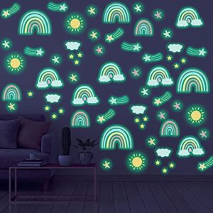 glow in the dark rainbow wall stickers watercolor star rainbow wall decor glowing sun cloud wall decals rainbow peel and stick wall mural for kids girls boys bedroom birthday wall art decorations