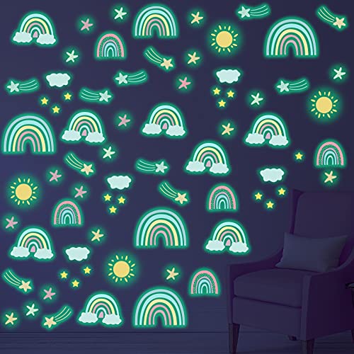 Glow in The Dark Rainbow Wall Stickers Watercolor Star Rainbow Wall Decor Glowing Sun Cloud Wall Decals Rainbow Peel and Stick Wall Mural for Kids Girls Boys Bedroom Birthday Wall Art Decorations