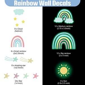 Glow in The Dark Rainbow Wall Stickers Watercolor Star Rainbow Wall Decor Glowing Sun Cloud Wall Decals Rainbow Peel and Stick Wall Mural for Kids Girls Boys Bedroom Birthday Wall Art Decorations