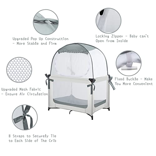 L RUNNZER Baby Pack N Play Tent, Baby Crib Safety Tent to Keep Baby from Climbing Out, Baby Crib Canopy for Pack N Play, Mini Cribs & Playpens, Pop Up Design & See-Through Mesh