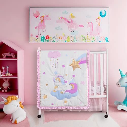 Little Grape Land, Mini Crib Bedding Sets for Girls | Mini Crib Bedding | Portable Crib Bedding Set for Girls | Luxury Pink Gold Unicorn 3 Piece Crib Set, Metallic Gold, Pink, Purple and Sky Blue