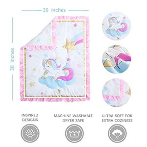 Little Grape Land, Mini Crib Bedding Sets for Girls | Mini Crib Bedding | Portable Crib Bedding Set for Girls | Luxury Pink Gold Unicorn 3 Piece Crib Set, Metallic Gold, Pink, Purple and Sky Blue