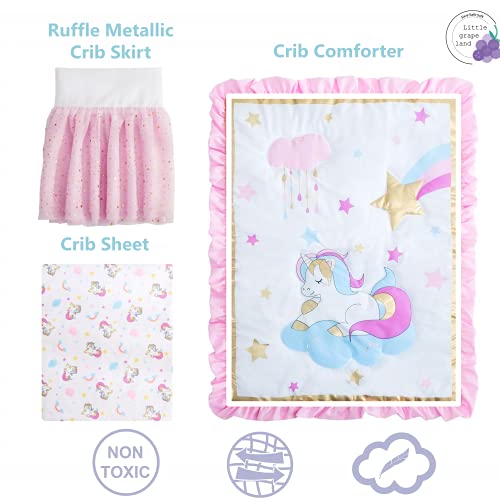 Little Grape Land, Mini Crib Bedding Sets for Girls | Mini Crib Bedding | Portable Crib Bedding Set for Girls | Luxury Pink Gold Unicorn 3 Piece Crib Set, Metallic Gold, Pink, Purple and Sky Blue