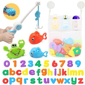 zeagus bath toys set for toddlers 1-3, bath toy storage bag hooks,baby bathtub toys with 36 letters and numbers,shower toys bath time with 3 fishing toys and water gun floating for baby pool toys