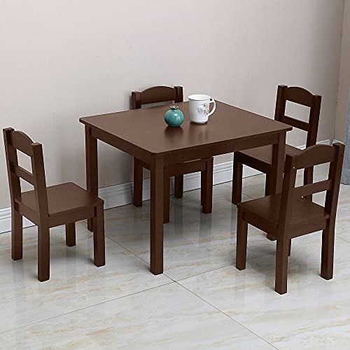 Ochine Kids Table and Chair Set 4 Chairs and 1 Activity Desk Natural Wood Children Table 5 Piece Set Wooden Playroom Furniture Picnic Table Dining Table Set Toddlers Gift for 3-8 Ages