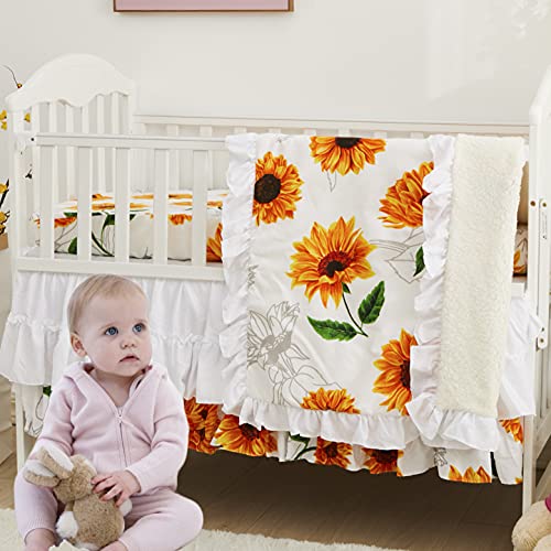 Brandream Girls Floral Nursery Bedding Yellow White Crib Bedding Sunflower Baby Blanket 3 Piece,Farmhouse Fitted Sheet, Ruffle Skirt