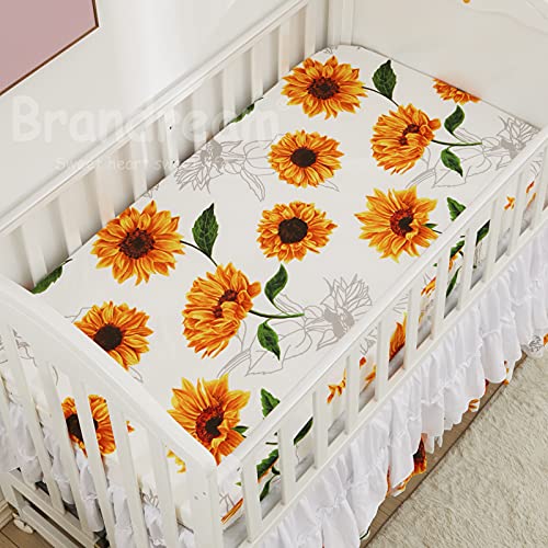 Brandream Girls Floral Nursery Bedding Yellow White Crib Bedding Sunflower Baby Blanket 3 Piece,Farmhouse Fitted Sheet, Ruffle Skirt