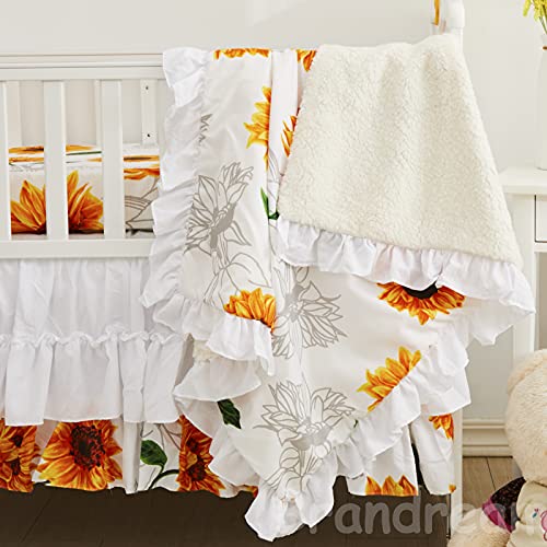 Brandream Girls Floral Nursery Bedding Yellow White Crib Bedding Sunflower Baby Blanket 3 Piece,Farmhouse Fitted Sheet, Ruffle Skirt