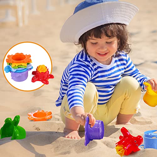 TECHNOK Baby Bath Toys for Toddlers - 12 pcs Rainbow Stacking Cups Baby Toy with Bath Boats Train and Toddler Watering Can - Stackable Plastic Bath Toys - Sea Animal Shapes Bath Toy for Girls and Boys