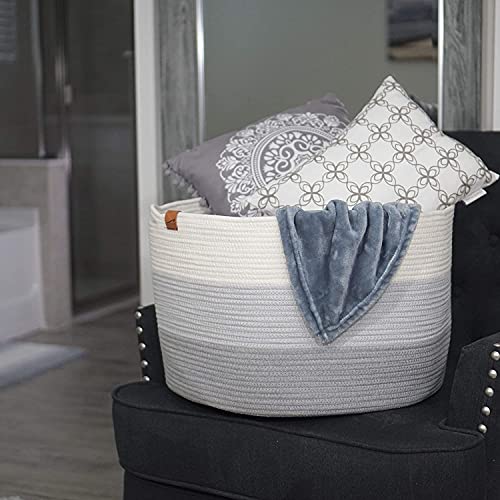 Cotton Rope Basket Woven Laundry - Extra Large Blanket Basket Living Room - XL Rope Baskets for Storage Pillow Blankets Toy - Baby Woven Basket for Kids 20" x 13 Rope Bin - Throw Blanket Basket Grey