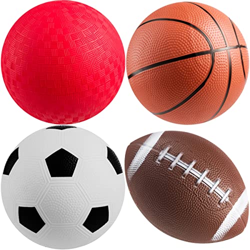 Sports Balls with Hand Pump for Kids - (Pack of 4) 6-Inch Diameter Rubber Sport Ball Toy Set Includes Football, Soccer Ball, Basketball and Playground for Fun Outdoors and Backyard