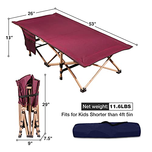 REDCAMP Extra Long Kids Cot for Camping, Sturdy Steel Folding Toddler Cot Bed for Travel Sleeping, Portable with Carry Bag,Wine Red New