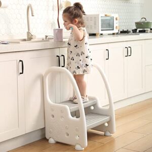 two step stool with handles height adjustable footstool for toddlers children kids,step stool for kids,toddler step stool with handles and non-slip steps,gray