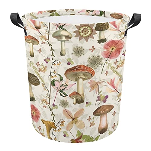 Mushroom Garden Storage Basket Bin, Round Laundry Bakset Hamper Collapsible Nursery Bin with Handle for Clothes Toys Books Home Decor